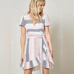 Promesa V-Neck Wrapped Ruffle Striped Lightweight Dress- Size Small
